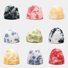 Fashion tie-dyed bleach knitted hats men women winter warm slouch Beanies Trendy Warm Chunky Soft Stretch Cable Acrylic cap Knit Beanie Stingy Brim Hat 9 colors AU10