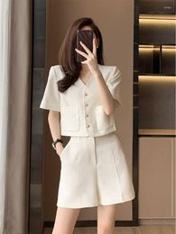 Women's Tracksuits In Korean Fashion Beige Coat Wide-leg Shorts Casual Two-piece Suit 2 Piece Sets Women Outfit 2023 Summer Clothing For