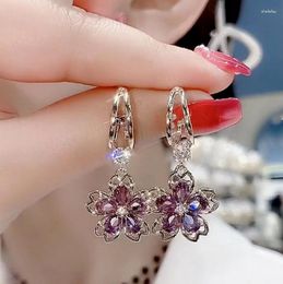 Hoop Earrings Vintage Elegant Purple Crystal Flower Petal For Women Shiny Zircon Design Jewellery Party Premium Gifts