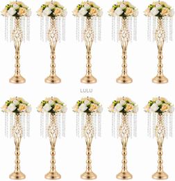 10 Pcs Gold Vase for Wedding Centerpieces Table Decorations with Chandelier Crystals Flower Vase Wedding Metal Flower Stand HKD230823