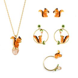 Wedding Jewellery Sets Mori's Unique Enamel Cute Squirrel Daily Temperament Earrings Necklace Set 230809