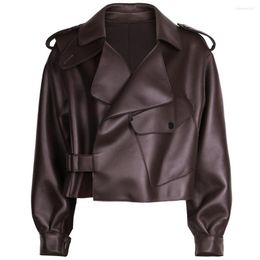 Women's Leather YOLOAgain Top Quality Dark Brown Oversized Genuine Jacket Women Moto Biker Ladies