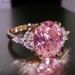 Elegant Pink Crystal Cubic Zircon Women Ring Princess Wedding Punk Band Rose Gold Colour Female Finger Ring Engagement Party L230620