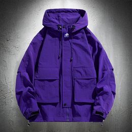 Men's Jackets Purple Hoodie Men Windbreaker Jacket Hip Hop Solid Color Outdoor Sports Hooded Coats Clothing 230809