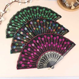 Chinese Style Products Silk Fan Folding Fan Wedding Art Gifts Peacock Sequin Dancing Fan Hand Held Fan Home decoration