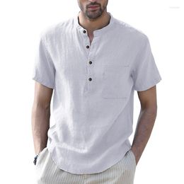 Men's Casual Shirts Linen Shirt Short Sleeve Solid Color Pullover Button Cotton Summer Tops Patch Pocket Men Clothing