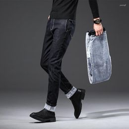 Men's Jeans 2024 Warm Blac Fleece Autumn Winter Business Casual Stretch Slim Thicken Classic Trousers Male