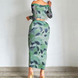 Work Dresses Ladies 2 Piece Knitted Bikini Set Tie Dye Shirt Top Maxi Skirt Navel Exposed Crop Long Y2K Sexy Style Beachwear Outfit