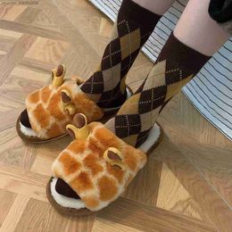 Slippers Cute Animal Slider Suitable for Girls Fashion Kawaii Fluffy Winter Warm Slider Women's Cartoon Giraffe House Slider Interesting Shoes Z230810