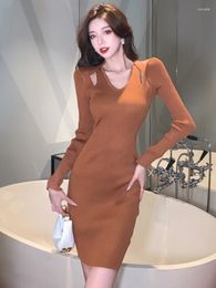 Casual Dresses Ladies Knitted Retro Spice Sexy Hanging Neck Hollow Out Knitting Pencil Dress Female Winter Wear Inside Waist Slim Hip