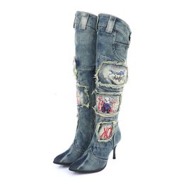 Boots Winter Warm Pumps Diamond high heeled Zippers Thighhigh Denim Fine Heeled Pointed Toe Women's Knight 230809