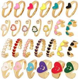 Cluster Rings Love Heart Shape Brass 18K Gold Plated Finger Ring Colourful Enamel Coated Zircon Open Adjustable Jewelry Findings Supply