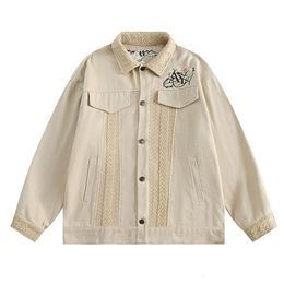 Mens Jackets Men Streetwear Denim Jacket Retro Vintage Flower Letter Embroidery Patchwork HipHop Harajuku Jeans Loose Coat Cotton 230810