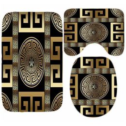 Luxury Black Gold Greek Key Meander Border Bath Rug Set Modern Geometric Ornate Bathroom Door Mat for Toilet Floor Carpet Decor HKD230809