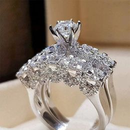 New Trendy Wedding Set Rings For Women 2Pcs Cubic Zirconia Rings Engagement Party Luxury Jewelry