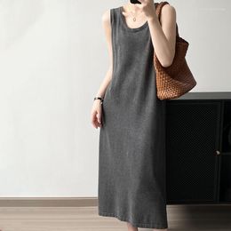 Casual Dresses 2023 Summer Women's Dress Mid Length Round Neck Tank Top Loose Side Slit Sleeveless Sundress Clothing Female P127