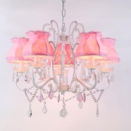Pendant Lamps Korean Fresh Pink Crystal Chandelier European American Children's Room Princess Garden Living Bedroom