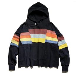 Men's Hoodies Dual Colour Cotton And Women's Distressed Patchwork Striped Hooded Sweatshirt Loose Pullover Coat