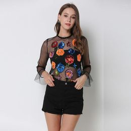 Women's T Shirts Sequins Flower Long Sleeve Mesh Sexy See Through Sheer Streetwear Y2K T-Shirt Nightclub Party Tops Tee Blusas