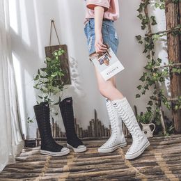 Boots High Top Women's Canvas Shoes Knee High Boots Side Zipper Flats Vulcanised Shoes Lace-Up Comfortable Platform Sneakers Female 230809