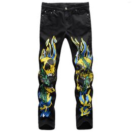 Men's Jeans Fashion Stretch Slim Fit 3D Color Print Black White Trousers Flame Skull Graffiti Street Men Denim Pants Jean Homme