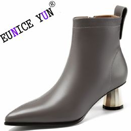 Boots EUNICE YUNBrand Genuine Leather Pointed Toe High Heels Chic Design Concise Autumn Winter Shoe Dress Warm Wedding Ankle 230810