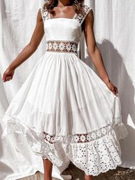 Casual Dresses White Lace Long Women Summer Sleeveless Backless Cotton Dress Elegant Fashion Hollow Out Big Swing Beach Sundress
