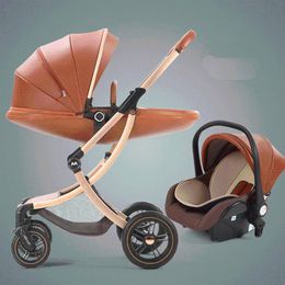 Strollers# Luxury Baby Stroller 3 In 1 Carriage With Car Seat Eggshell Born Leather High LandscapeStrollers#265Z