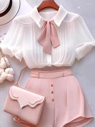 Women's Tracksuits Short Sets 2023 Office Lady Work Clothes White Shirt Sleeve Blouse Korean Chiffon Shirts High Waist Pink Shorts Pleated