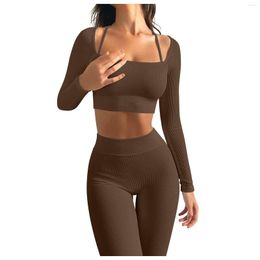 Women's Two Piece Pants Two-Piece Sports Yoga Sets Female Workout Fitness Suits Fall Spring Long Sleeve Round Neck Crop Tops High Waist