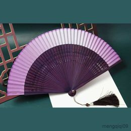 Chinese Style Products Gradient Color Chinese Style Silk Folding Hold Fan With Tassels Home Ornaments Hanfu Clothes Accessories Home Decoration R230810