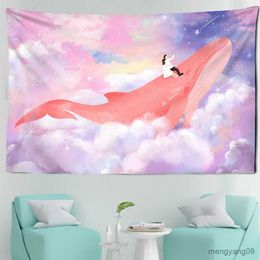 Tapestries Cartoon Comics The Sky Dolphin Tapestry Wall Hanging Pink Purple Cloud Tapestries Bedroom Wall Decor Kawaii Room Decor R230810