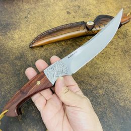 Special Offer S7210 Outdoor Survival Straight Knife M390 Trailing Point Blade Rosewood Handle Fixed Blade Tactical Knives with Leather Sheath