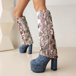 Sequin Platform sequin boots with Bling Knee Thigh Block and Wide Tube Heel - Winter Fashion in Match Colors (Style #230810)
