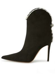 Boot s Pointed Toe s Chain Ankle Stilettos Sexy Shoes High Heel Retro Plus Size Black Suede Leather 230810