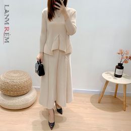 Basic Casual Dresses LANMREM Green Beige Suit Round-neck Pleated Loose Casual Pullover Long-sleeved Topankle-length Skirt Female Fashion 2A1446 230808