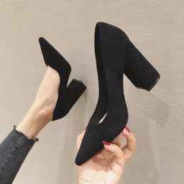 Dress Shoes Fashion Suede High Heels Pumps Women Sexy Pointed Square Heel Black Office Female Shallow Slip-On Party