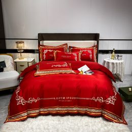Wedding Home Textile Red satin cotton bedding set Luxury king queen size Solid Color embroidery Bedclothes Gold Edge duvet cover bed sheet linen pillowcases