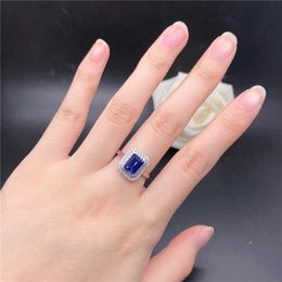 Band Rings Genuine 18K White Gold Rings Female 2CT Rectangle Sapphire Diamond Wedding Rings For Women Beautiful Birthday Jewellery