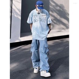 Men's Pants American Vibe High Street Men Blue Overalls And Women Summer Trend Hiphop All-match Loose Straight Couple Casual