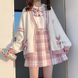 Women's Knits Tees Winter Japanese Kawaii Fashion Pink Cardigan Women Harajuku Knitted Sweater Cute Bow Heart Korean College Style JK Uniform Coat 230809