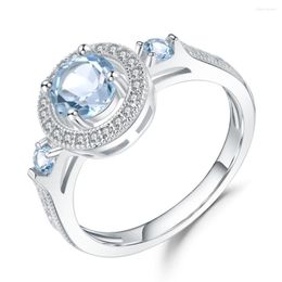 Cluster Rings GEM'S BALLET 925 Sterling Silver Engagement For Women 1.05Ct Natural Round Sky Blue Topaz Gemstone Ring Fine Jewellery