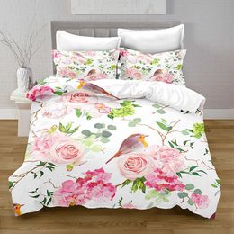 Bedding sets Flowers Duvet Cover King Queen Watercolor Floral Set Colorful Green Leaf Bird Polyester Quilt for Women 230809