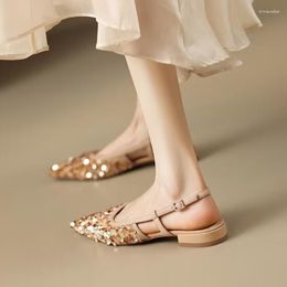 Sandals 2023 Flats Women Luxury Glitter Low Heels Summer Shoes For Pointed Toe Fashion Slingback Sandal