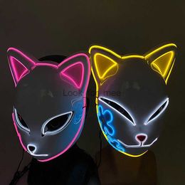 Japanese LED Neon Mask For Cosplay Anime Demon Slayer Carnival Masquerade Fox Mask Halloween Party Costume Props HKD230810