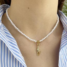 Pendant Necklaces Animal Sweet Cute Giraffe Zircon Imitation Pearl Necklace For Women Collar Stainless Steel Clasp Gold Colour