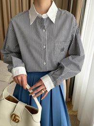 Women's Blouses 2023 Autumn/Winter Contrast Vertical Stripe Embroidery Design Polo Neck Shirt Loose Top