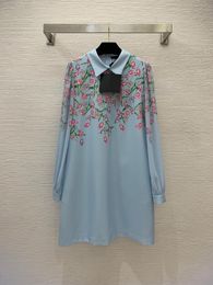 2023 Autumn Blue / Beige Floral Print Panelled Dress Long Sleeve Lapel Neck Knee-Length Casual Dresses B3G082339