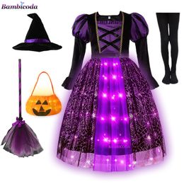 Special Occasions Sparkly Witch Halloween Costumes for Girls Led Light up Purple Long Dress Kids Carnival Cosplay Outfit with Broom Hat 230810