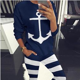 Women's Tracksuits Anchor Print Women Running Set Autumn Long Sleeve Hoodiestriped Pants Tracksuit Workout Clothes Sportswear Sports Suit BLUE 230809